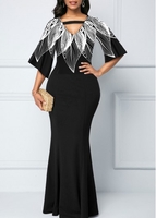 3/4 Sleeve Cutout Front Floral Print Maxi Dress