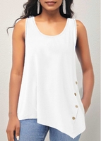 Asymmetric Hem Decorative Button White Tank Top