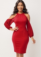 Bib Neck Cold Shoulder 3/4 Sleeve Dress