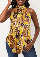 Bib Neck Floral Print Yellow Tank Top