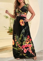 Black Sleeveless Plus Size Floral Print Maxi Dress