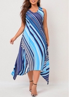 Blue Striped Asymmetric Hem Plus Size Sleeveless Dress