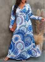 Bohemia Print Plus Size Tie Side Blue Dress