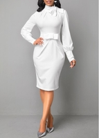 Bow Collar White Long Sleeve Dress