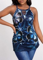 Butterfly Print Blue Ladder Cutout Camisole Top