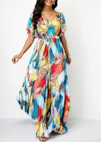 Butterfly Sleeve V Back Printed Dress