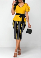 Cold Shoulder Belted Yellow V Neck Dress