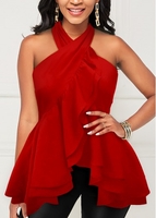 Cross Halter Layered Hem Red Tank Top