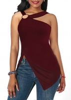 Deep Red Metal Ring Detail Asymmetric Hem Tank Top