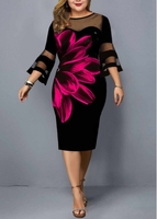 Flare Sleeve Floral Print Plus Size Dress