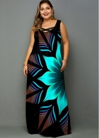 Flower Print Wide Strap Plus Size Maxi Dress