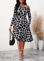 Geometric Print Asymmetry Black High Low Dress