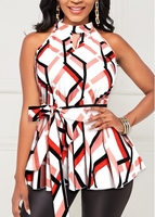 Geometric Print Bib Neck Belted Multi Color Tank Top