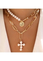 Gold Metal Detail Cross Design Pearl Necklasce Set