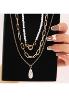 Gold Pearl Metal Detail Necklace Set