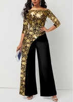 Golden Plus Size Floral Print Regular Sleeve Jumpsuit