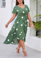Green Plus Size Belted Polka Dot Dress
