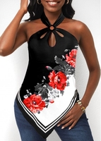 Halter Floral Print Black Asymmetric Hem Tank Top