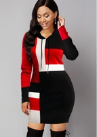 Hooded Collar Contrast Long Sleeve Sweater Dress