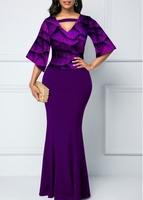 Hot Stamping Print 3/4 Sleeve Sequin Mermaid Dress
