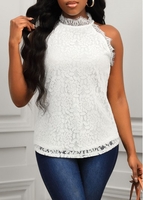 Lace High Neck Keyhole Back White Tank Top
