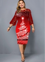 Lace Panel Christmas Print Plus Size Dress