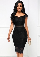 Lace Panel Short Sleeve Black Dress