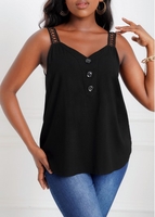 Lace Stitching Decorative Button Black Tank Top