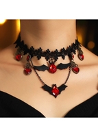 Lace Stitching Red Halloween Bat Necklace