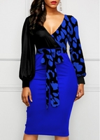 Lantern Sleeve Leopard Bowknot Bodycon Dress
