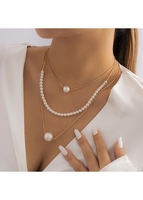Layered Design Gold Pearl Bar Necklace Set
