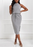 Light Grey Sleeveless Drawstring Waist Dress