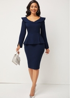 Long Sleeve Turndown Collar Peplum Waist Dress