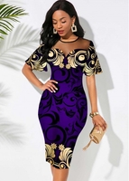 Mesh Stitching Floral Print Round Neck Dress