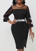 Mesh Stitching Side Slit Sequin Black Dress