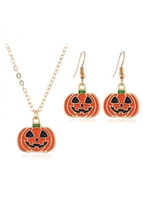 Metal Detail Orange Halloween Pumpkin Design Necklace and Earring