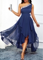 Navy Blue Asymmetric Hem One Shoulder Dress