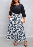 Navy Plus Size Button Floral Print Belted Dress