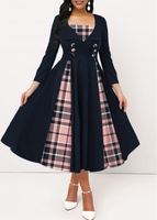 Navy Plus Size Tartan Print Midi Dress