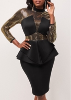 Peplum Waist Mock Neck Black Dress