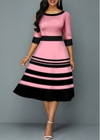 Pink Stripe Print Round Neck Dress