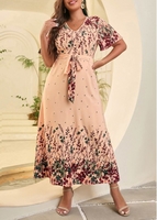 Plus Size Belted Floral Print Apricot Dress