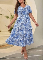 Plus Size Belted Short Sleeve V Neck Blue Dress