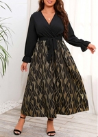 Plus Size Geometric Print Black Belted Dress