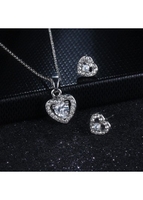Rhinestone Heart Pendant Silver Necklace Set