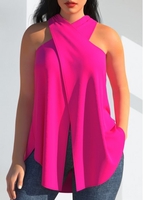 Rose Pink Cross Halter Front Slit Tank Top