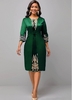 Round Neck 3/4 Sleeve Green Embroidered Dress