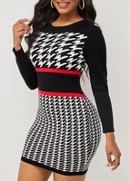 Round Neck Houndstooth Print Long Sleeve Sweater Dress