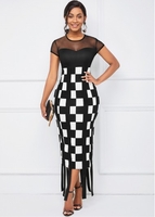 Round Neck Mesh Stitching Plaid Dress