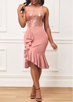 Sequin Flounce Bib Neck Pink Dress